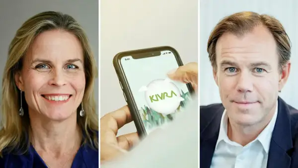 Kivra grundare, en kvinna och en man, med en mobil som visar Kivra-appen.